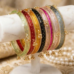 Kashmiri Bangles - Set of 12 with Hanging Beads